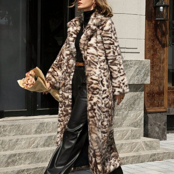 Khaki Casual Women's Leopard Print Faux Fur Coat - Picture 6 of 7
